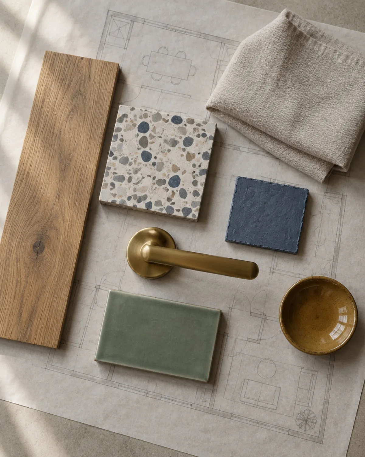 Oak, stone and brass material palette